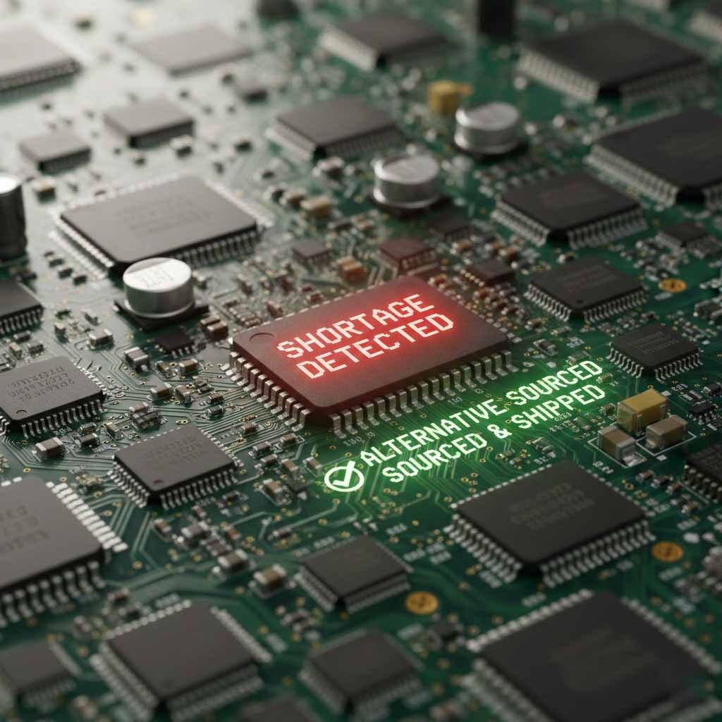 Complex PCB with digital overlay showing shortage detection and resolution